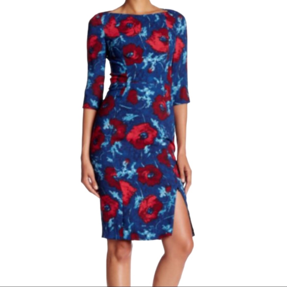 Black Halo Blue Floral Sheath Dress with Red Poppies